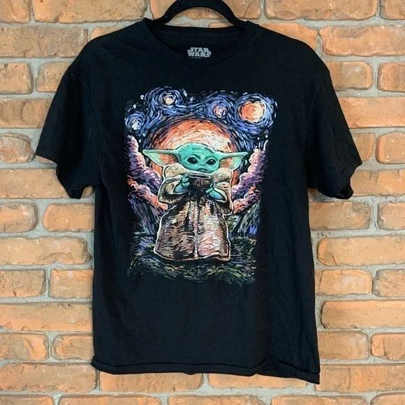 Star Wars Tee Mens Medium Black Baby Yoda Starry Night Van‎ Gogh Style T-Shirt - Picture 1 of 3